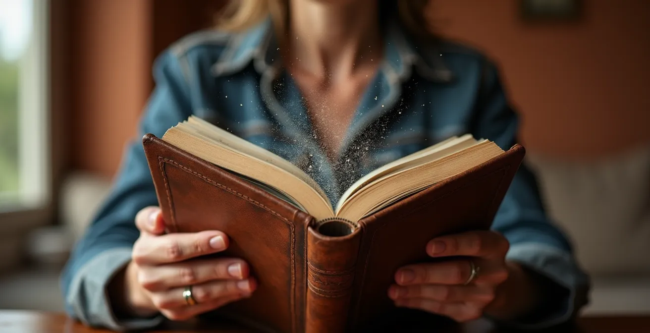 Mano che sfoglia un album fotografico vintage con immagini che si dissolvono gradualmente in particelle digitali, a simboleggiare l'erosione della privacy.