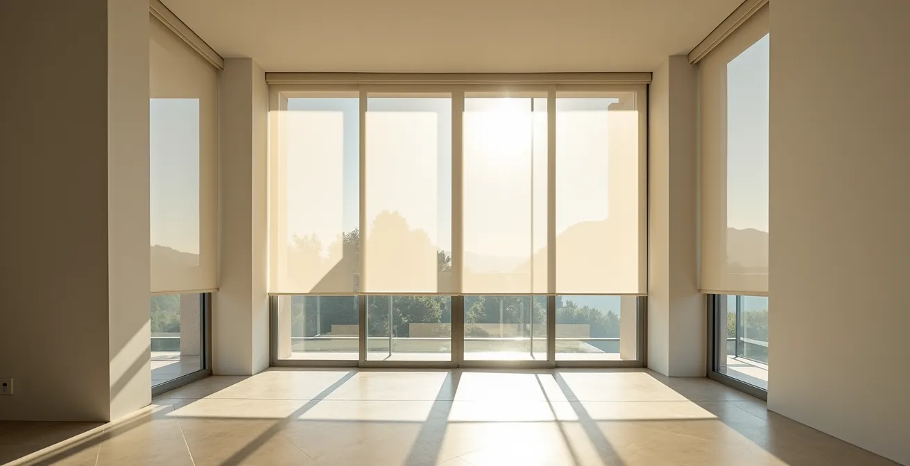 Vetrate panoramiche esposte a sud con sistema di schermature solari moderne