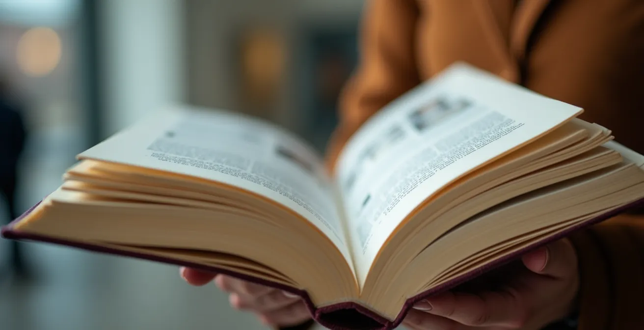 Mani che tengono una guida cartacea aperta con sfondo sfocato di sala museale