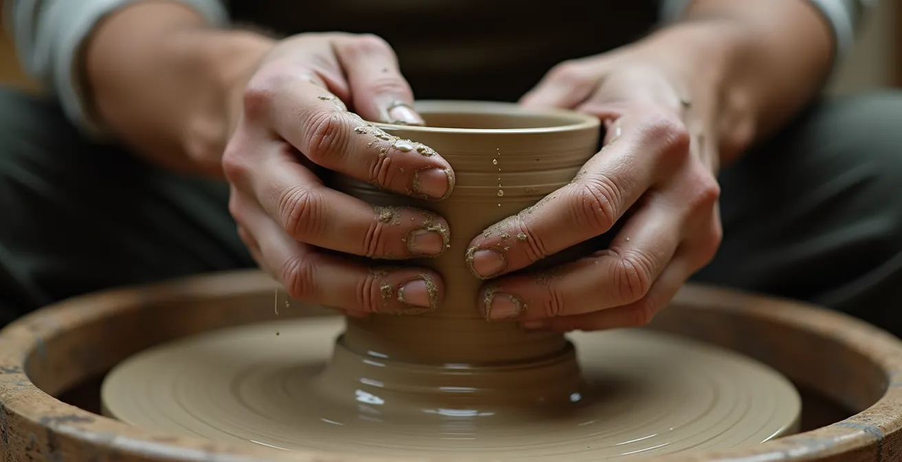 Mani che lavorano l'argilla in un workshop di ceramica tradizionale italiana