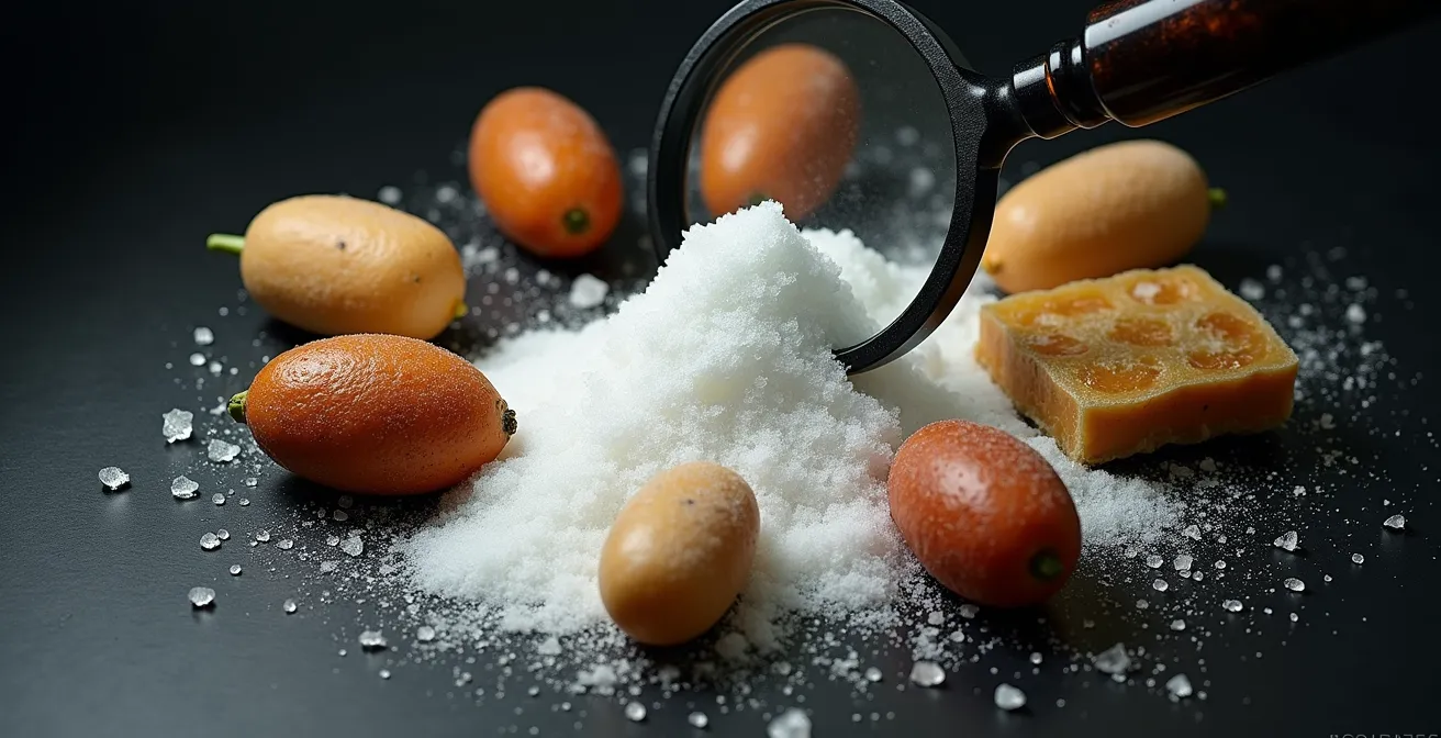 Composizione artistica di prodotti dietetici con lente di ingrandimento che rivela contenuti nascosti