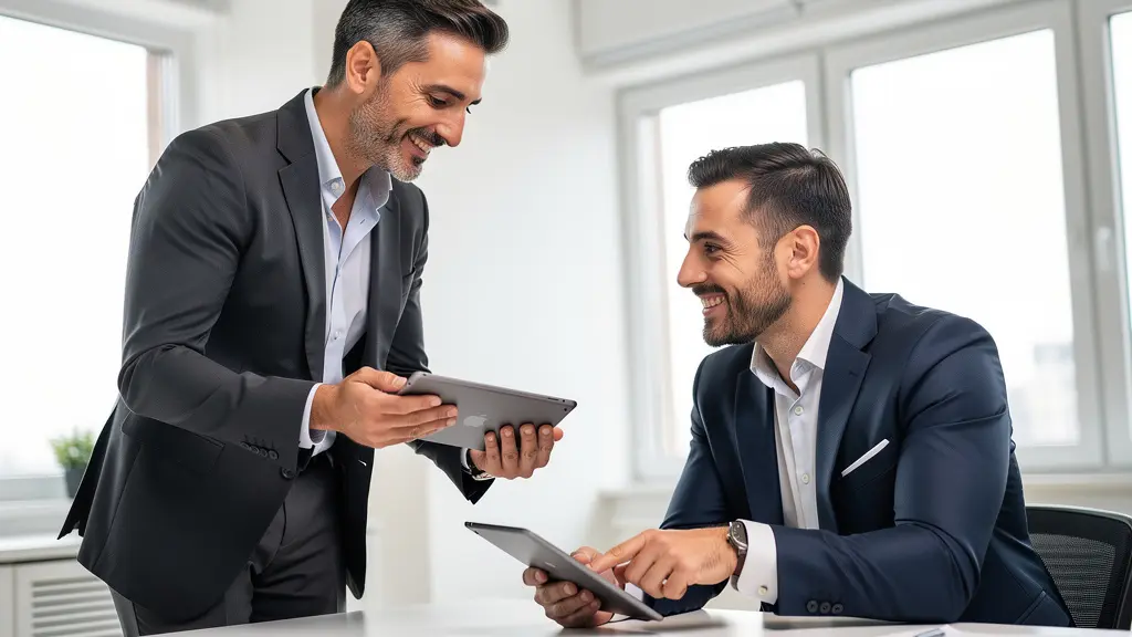 Agente immobiliare italiano mostra dati su tablet a cliente straniero ufficio Roma