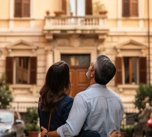 Coppia europea osserva facciata palazzo residenziale quartiere Prati Roma