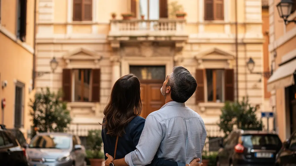 Coppia europea osserva facciata palazzo residenziale quartiere Prati Roma
