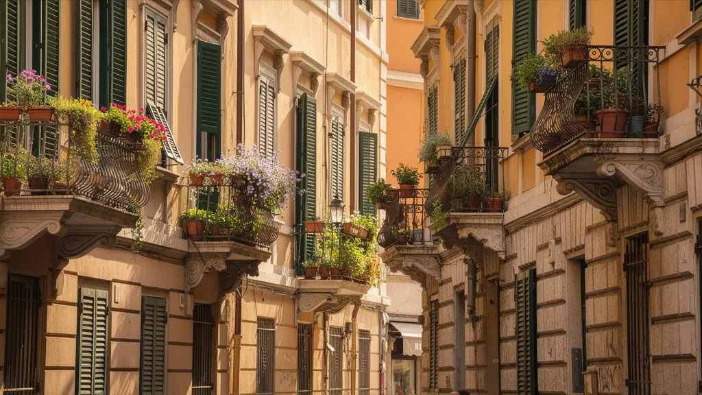 Veduta caratteristica quartiere residenziale romano con palazzi tradizionali e balconi fioriti